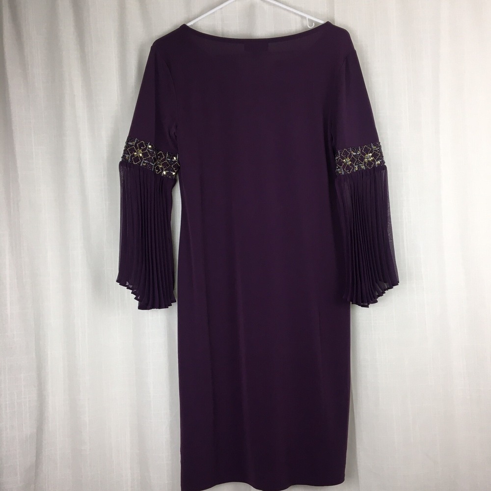 NEW JMS Beaded Midi Dress Womens‎ Medium Purple Pleated Bell Sleeves Sparkle NWT - Picture 2 of 8